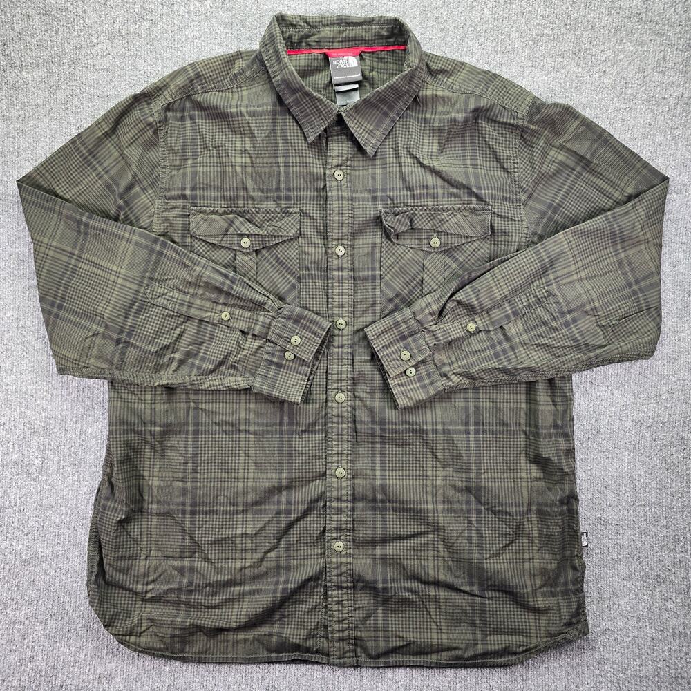 The North Face Shirt Mens XL Olive Green Plaid Button Up Trail Long Sleeve